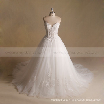 Nectarean Strapless A-Line Beaded Wedding Dress Lace Applique Long Train